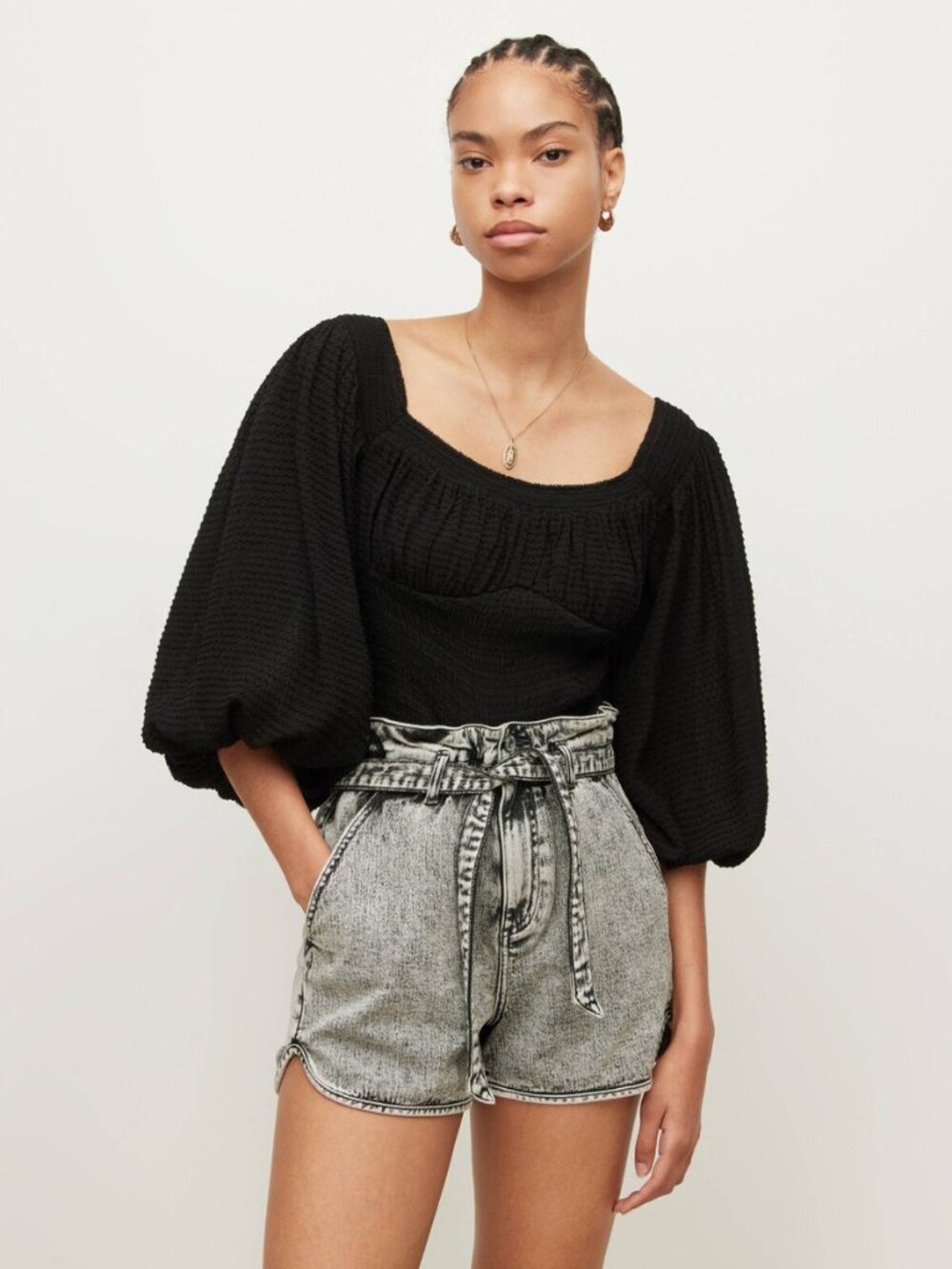 NWT Allsaints Black Tia Smocked Stretch Blouson Balloon Sleeve Crop Top